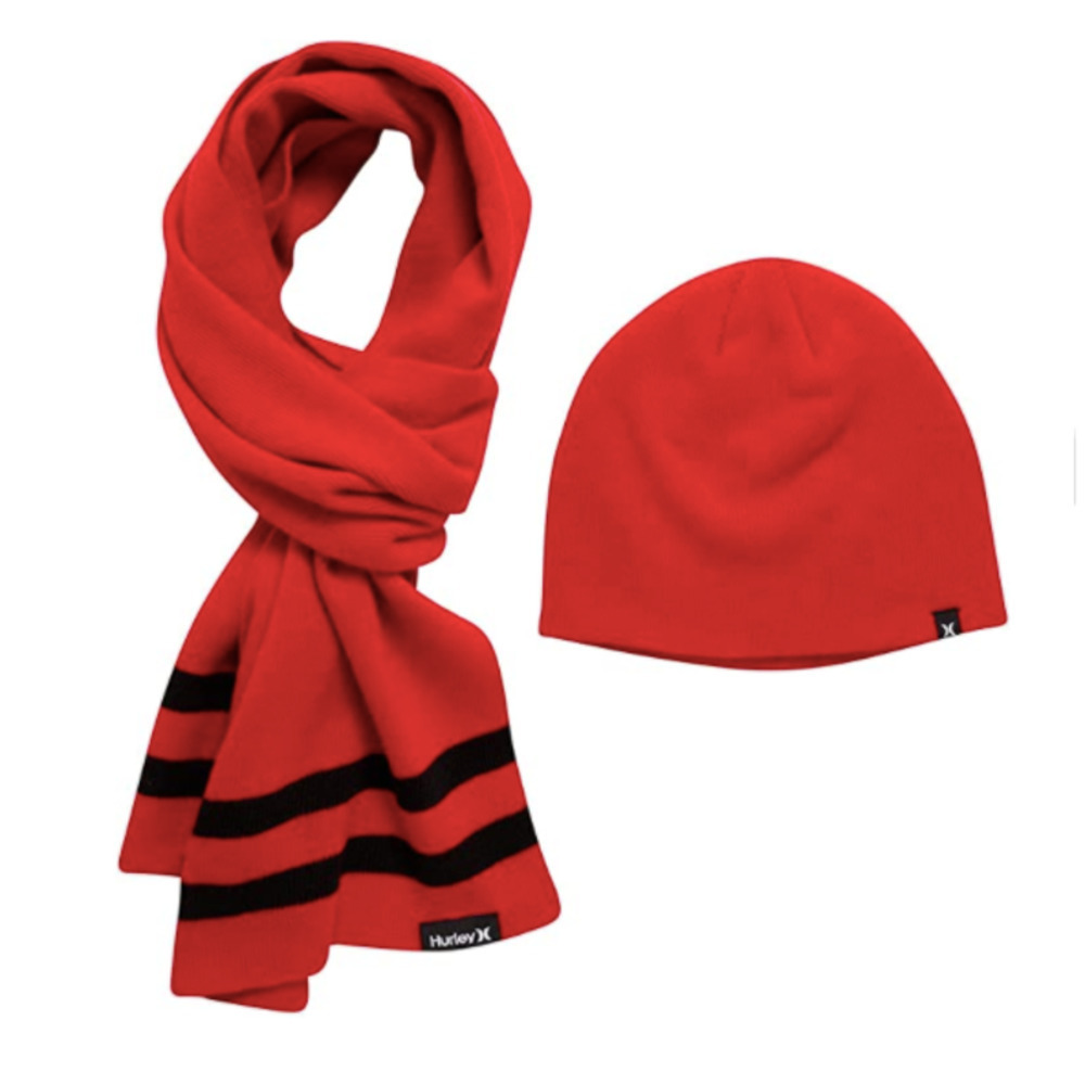 Hurley Mens Hat Beanie Scarf Set Red